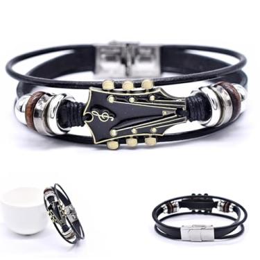 Imagem de BlingNook Pulseira retrô de couro sintético, pulseira de couro decorativo em forma de guitarra de liga de zinco, punk, trançada, multicamadas, rock, guitarra, pulseira, presente para amantes de