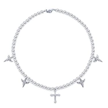 Imagem de HELLOICE Colar de pérolas brancas redondas e gargantilha de pérolas, colar com pingente de trevo de cruz, olho de dente de Ra e garra para mulheres e homens, Pérola, Zircônia cúbica