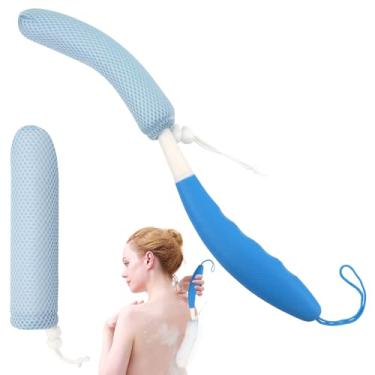 Imagem de KkaFFe Escova de Banho para As Costas de 15,35" com Esponja, Malha de Banho para Esfregar As Costas com Cabo Longo Curvo Antiderrapante, Escova de Banho para Idosos, Auxílio No Banho E No Chuveiro
