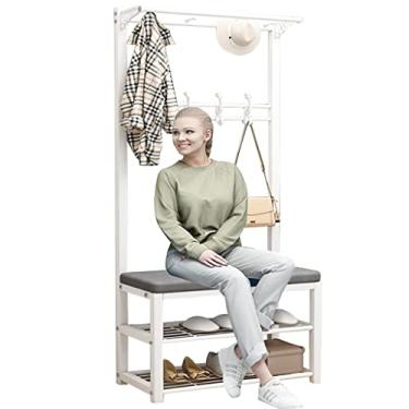 Imagem de Cabideiro, sapato, corredor, árvore, com almofada de assento, 3 em 1, porta de entrada, organizador de sapatos, prateleira, barras suspensas, 9 ganchos, moldura de metal para entrada, escritório,