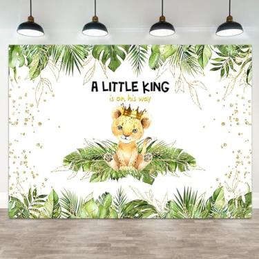 Imagem de ASDCXZ Pano de fundo para chá de bebê de 1,8 x 1,2 m A Little King is On His Way, fundo fotográfico, coroa de leão, selva, floresta, folha verde, faixa de festa de aniversário para crianças, decoração