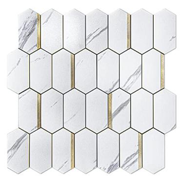Imagem de Azulejo hexágono de 10 folhas, retire o backsplash para cozinha, banheiro, azulejos de parede de metal misturado de mármore branco autoadesivos