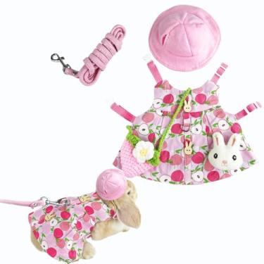 Imagem de Conjunto de coleira e arnês de coelho fofo, roupa de vestido de coelho para caminhada, colete à prova de fuga para animais de estimação para coelho, ouriço, furão, porquinho-da-índia (rosa com
