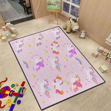 Imagem de Lindo tapete de unicórnio de desenho animado para quarto de crianças, meninas, quarto, sala de jogos, tapete colorido lavável à máquina para sala de jogos, rosa 150 x 99 cm