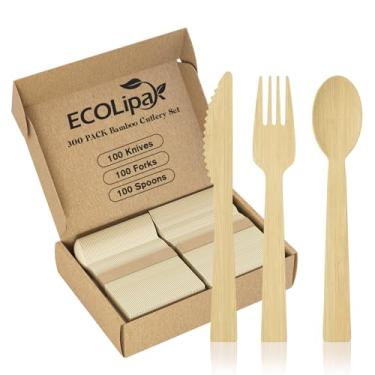 Imagem de ECOLipak Conjunto De Talheres De Bambu Com 300 Unidades, 100 Facas, Garfos E Colheres Cada, Sem Farpas, Conjunto De Talheres Descartáveis, Utensílios Compostáveis Para Festas, Acampamentos, Viagens,