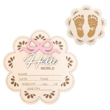 Imagem de Whaline Placa Hello World Recém-nascido Arco Coquete Sinal de Anúncio de Bebê Formato de Flor Nascimento Recém-nascido Placa de Madeira Cartão de Marco para Aniversário Chá de Bebê Foto Adereço
