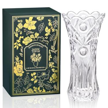Imagem de JASVIC Vaso de cristal de 30 cm para flores com caixa de presente de luxo, design de pérolas, vaso grande de vidro cristalino adequado para decoração de escritório em casa, aniversário, aniversário de