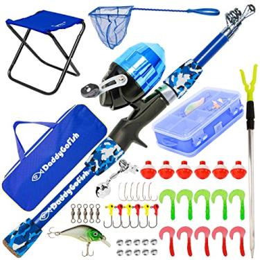 Imagem de DaddyGoFish Haste de pesca infantil – Combo de haste telescópica e carretel com cadeira dobrável, suporte de vara, caixa de equipamento, rede de isca e bolsa de transporte para meninos e meninas (azul, 5)