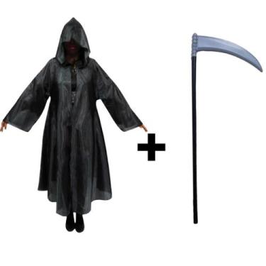 Imagem de Fantasia Halloween Capa Mago Feiticeiro Com Capuz e Foice Capa Pânico 