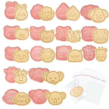Imagem de OT-NVWOZR Conjunto de 16 cortadores de biscoito de animais com carimbos de êmbolo, mini carimbo de biscoito 3D com 100 sacos de celofane autovedantes, cortadores de biscoito de plástico para moldes de