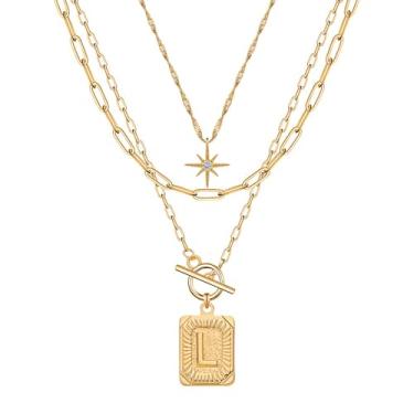 Imagem de Paxuan Colar feminino com inicial personalizada de 3 camadas de ouro delicado - Colar com pingente de letra em camadas de ouro 18K ajustável, corrente de clipe de papel, gargantilha, joias, presentes