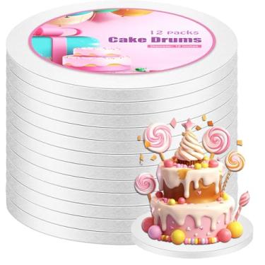 Imagem de Pacote com 12 tambores de bolo redondos de 25,4 cm, base de papelão branco resistente de 1,27 cm de espessura, grau alimentício, reciclável, bordas lisas para bolos em camadas, casamentos