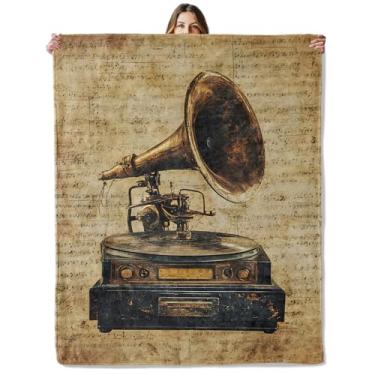 Imagem de Cobertor vintage de gramofone para meninas, meninos, crianças e adultos, 127 x 152 cm, cobertor de flanela aconchegante para quarto, acampamento, sofá, decoração de quarto, presentes macios e quentes