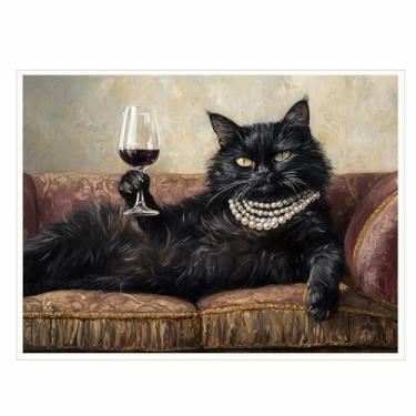 Imagem de Arte de parede de gato preto glamouroso com impressão engraçada de taça de vinho, pôsteres em tela com pérolas, para cozinha, bar, carrinho, quarto, lounge, decoração felina peculiar, casas modernas