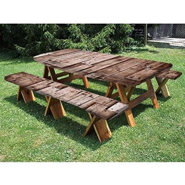 Imagem de Toalha de mesa de madeira ajustada, conjunto de 3 peças, tábuas de parede vintage para galpão de celeiro, arte sépia, estampa de imagem de chalé de madeira compensada natural antiga, para festas de