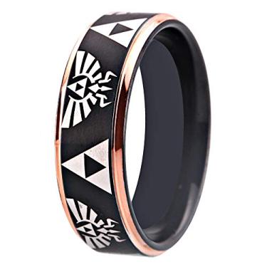 Imagem de 6 mm/8 mm de largura preto com prata/azul/ouro rosa - anel com padrão laser com crista e anel triforce anel de tungstênio anel masculino alianças de casamento anel sem anel gravação personalizada,