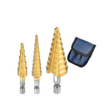 Imagem de Brocas escalonada titânio p/ aluminio ferro madeira cobre pvc c/ estoj