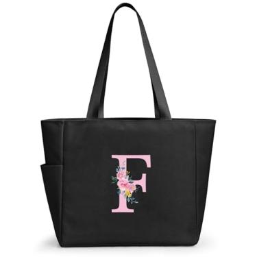 Imagem de KALIDI Sacola de praia personalizada, bolsa de compras com zíper inicial do alfabeto para mãe, professora, amiga, casamento, compras diárias, Preto - f, Large