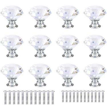 Imagem de ANJUU 12 puxadores de armário de vidro cristal em forma de diamante de 30 mm com parafusos, puxador de gaveta usado para cozinha, cômoda, porta, armário (transparente)