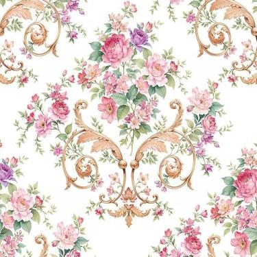 Imagem de Yzogbry Papel de parede vintage rosa damasco flores rosa floral descascar e colar decoração de parede autoadesivo papel de parede adesivo fácil contato para apartamento de locatário