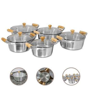 Imagem de Jogo 5 Caçarolas Alumínio Fundido Polido Tampa De Vidro - Feheros Shop