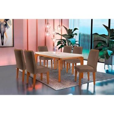 Imagem de Conjunto Mesa De Cozinha Londrina Tampo Madeirado Com Vidro 180x90cm E 6 Cadeiras Lunara Imbuia Suede Capuccino Rufato