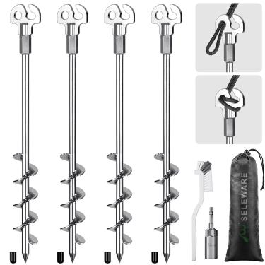 Imagem de SELEWARE Pacote com 4 estacas de trampolim, âncoras de solo de 38 cm, âncoras de estacas de trampolim resistentes, âncoras de terra de vento forte para prender trampolins, barraca de acampamento