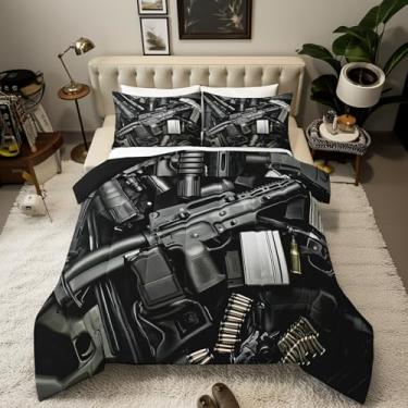 Imagem de Manfei Conjunto de edredom infantil Black Gun, tamanho solteiro, com tema de guerra de bala, arma de fogo, armas pequenas, decoração de quarto de meninos e meninas, edredom moderno da América