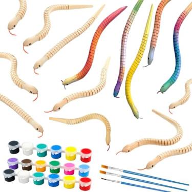 Imagem de lamxxyoo Brinquedos de serpente de madeira para crianças, cobras de madeira, artesanato para crianças, 15 peças, artesanato, animais, 18 cores, acrílico, 3 pincéis de pintura para artes, decoração de