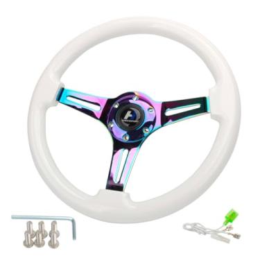 Imagem de Hiracing Volante universal de grão de madeira clássico de 35,5 cm, cromado, 3 raios, 3,8 cm de profundidade, branco, 350 mm com botão de buzina, 6 parafusos (013)