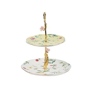 Imagem de Suporte de bolo de cerâmica com alças de metal, suporte duplo para exibição de sobremesa, suporte europeu para cupcake, bandeja de serviço de pastelaria, suporte de frutas, prato de bolo, doces