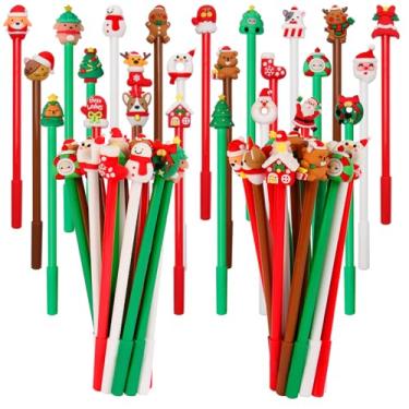Imagem de LiYiQ 50 canetas divertidas de desenho animado de Natal para crianças, bonecos de neve kawaii, Papai Noel e árvores de Natal, caneta de tinta preta de gel, luvas fofas, canetas de gato e cachorro para