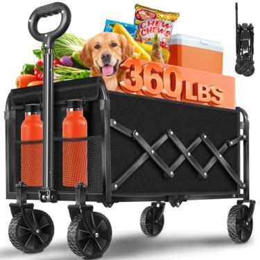 Imagem de Carrinhos de carroça dobrável, dobrável, carrinho dobrável com rodas, vagões dobráveis para acampamento na praia, jardim, esportes, 2 suportes para copos/leve portátil/preto/163 kg