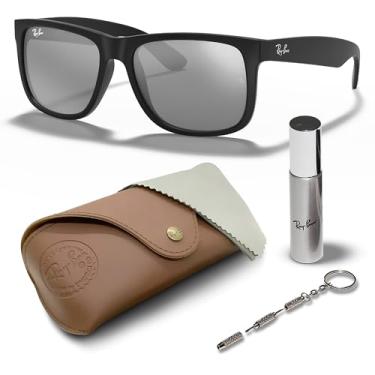 Imagem de Ray-Ban RB4165 JUSTIN COLOR MIX Óculos de sol quadrados para homens e mulheres com kit oficial de óculos RAYBAN, Armação preta fosca | Lente cinza espelhada prata, 55 mm
