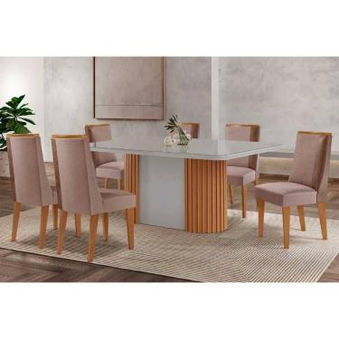 Imagem de Mesa Cozinha Pilar c/ Tampo Madeirado c/ Vidro Canto Curvo 180x90cm e 6 Cadeiras Tilia Madeira Maciça Naturale/Off White - Capuccino/Linho Capuccino-R