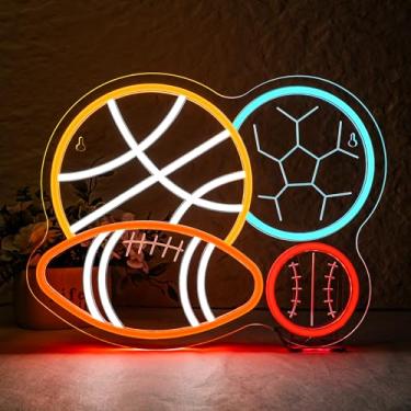 Imagem de Placa de néon com combinação esportiva de 4 bolas para quarto de menino, homem, caverna, futebol, basquete, beisebol, luz neon, decoração de parede com tema esportivo, letreiros de néon, Happy Era