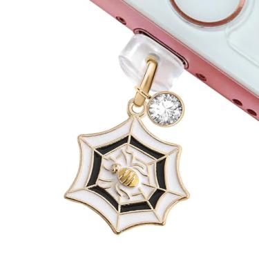 Imagem de ELISE & FONDA CP662 Porta de carregamento USB plugue antipoeira Halloween aranha e pingente de telefone de rede para iPhone 14/13/12/11/XS MAX/XR/X/8 Plus/7/6S/8/SE iPad iPod (branco)