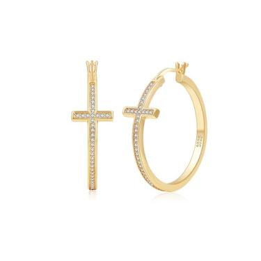 Imagem de LOUMILEO Brincos de argola de prata esterlina para mulheres, hipoalergênicos, banhados a ouro 14 K, brincos de argola de strass para Momen, brincos de cruz de prata leve com zircônia cúbica, presentes