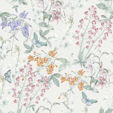 Imagem de Dimoon 975 x 43,9 cm Papel de contato floral Boho Peel and Stick Papel de parede flor branca removível papel de parede rolo de vinil