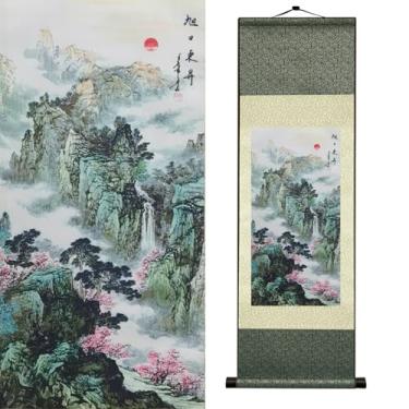 Imagem de Newscz Sunrise Mountain Landscape Silk Scroll Wall Art with Waterfall River Scene Pinheiros e Red Sun Decoração de estilo zen chinês tradicional para sala de estar, quarto, escritório, hotel, 91 x 30