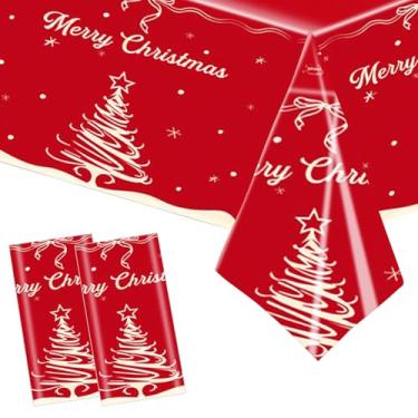 Imagem de Dulousia Toalha de mesa de Feliz Natal, 2 peças de capas de mesa de Natal vermelhas descartáveis de plástico impermeável, toalha de mesa para festa de inverno, decoração de mesa de celebração de ano