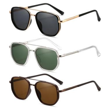 Imagem de MASDUN Óculos de sol aviador polarizados para mulheres, armação quadrada, retrô, óculos de sol com proteção UV400 (pacote com 3), Ouro/preto + verde transparente + marrom café