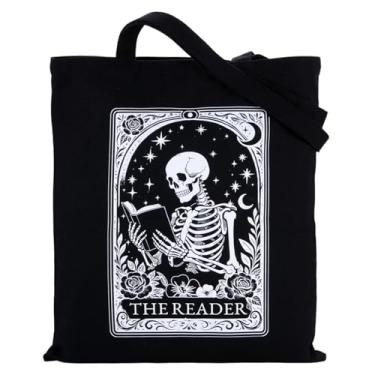 Imagem de Sacolas de Halloween The Reader Livro Gótico, Sacola de Esqueleto para Amantes de Livros Presentes para Mulheres, Bolsa de Lona Crânio Gótico, Sacola Estética Livraria, Presentes Assustadores de Dia