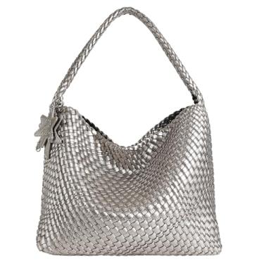 Imagem de Sacola de couro tecido, bolsa Hobo despojada de couro vegano para mulheres, bolsa de ombro grande, prata, grande