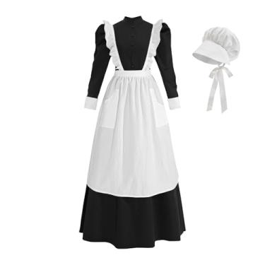 Imagem de NSPSTT Pioneer Dress Fantasia colonial feminina pradaria com avental roupa de empregada vitoriana preta, tamanho G