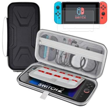 Imagem de Estojo Fino para Nintendo Switch 2(2025)com 2 filmes temperados, Case Rígido Protetor com 10 Espaços para Cartuchos de Jogos, Armazenamento Portátil para Viagem,para acessórios do Switch 2 (Preto)