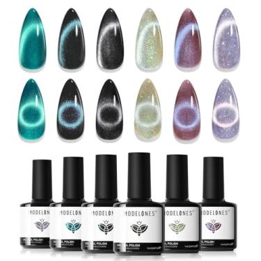 Imagem de Modelones Cat Eye Gel Nail Polish Set, 6 Colors Holographic 9D Glassy Cat Eye Glitter Gel Polish Set Black Blue Purple Green Nail Polish Kit with Magnet Soak Off LED Nail Art DIY Salon Gift