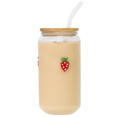 Imagem de Greefun Coquette Copo de vidro de lata estética com tampa de bambu e canudo, copo de morango fofo de 473 ml para smoothie, copo matcha de café gelado, presentes modernos para mulheres, presente de