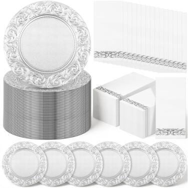 Imagem de FoldTier 200 peças de pratos de carregador de plástico redondos de 33 cm, 100 pratos de jantar, 100 guardanapos descartáveis para decoração de mesa de evento de festa de casamento (prata)