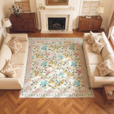 Imagem de jinchan Tapetes de área de 15 x 23 cm, lavável à máquina, tapete antiderrapante, estampa de flores botânicas, vintage, macio, para quarto, sala de estar, sala de jantar, bege/rosa